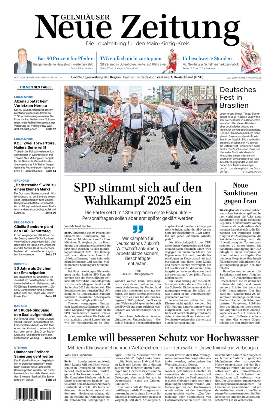 Gelnhäuser Neue Zeitung vom Montag, 14.10.2024