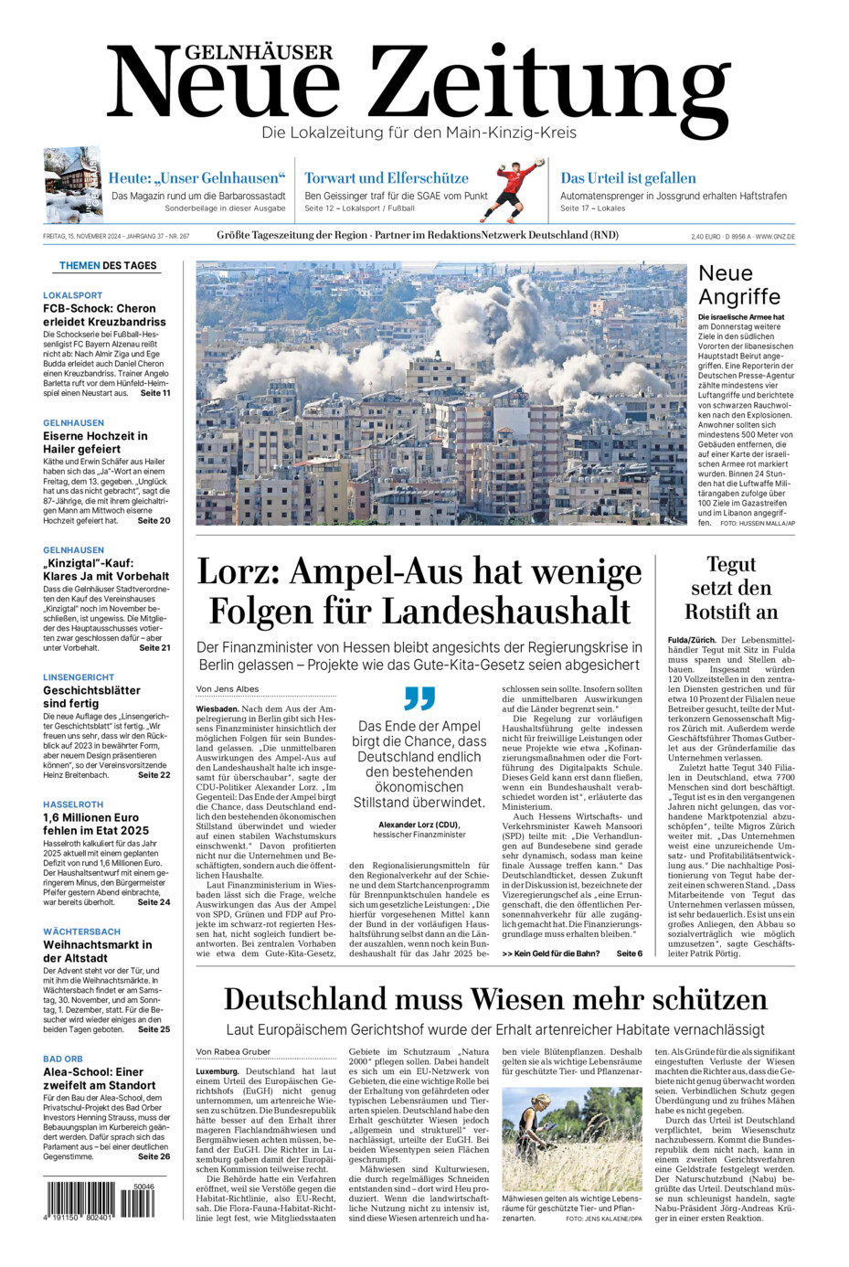 Gelnhäuser Neue Zeitung vom Freitag, 15.11.2024