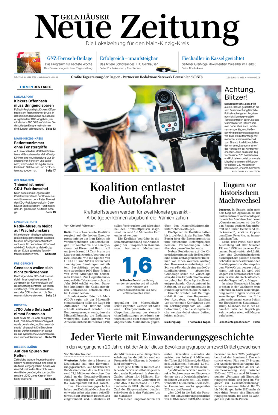 Gelnhäuser Neue Zeitung vom Dienstag, 14.04.2026