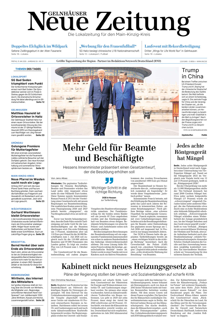Gelnhäuser Neue Zeitung vom Freitag, 15.05.2026