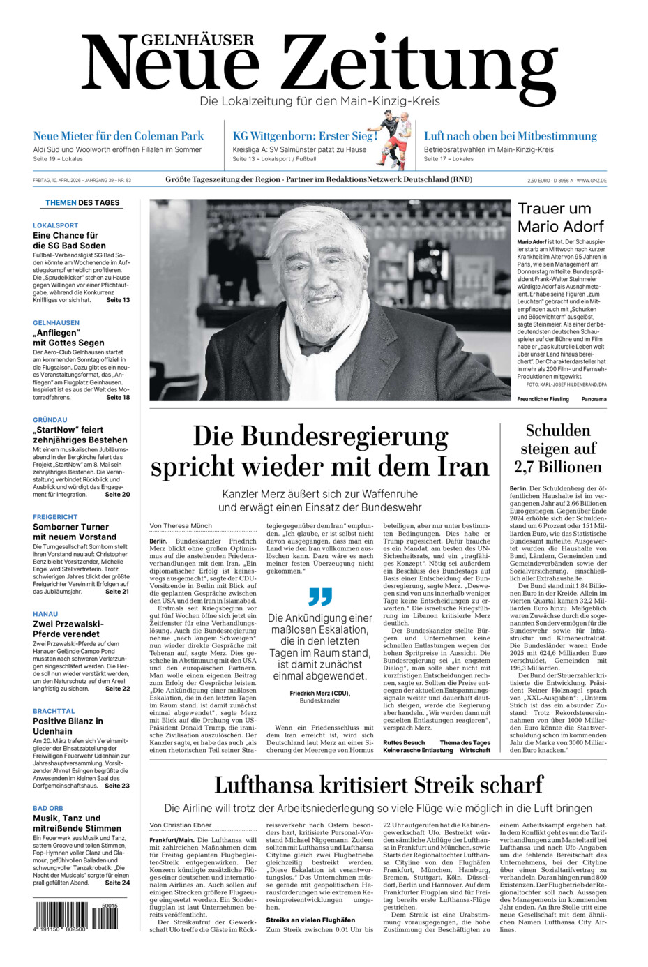 Gelnhäuser Neue Zeitung vom Freitag, 10.04.2026