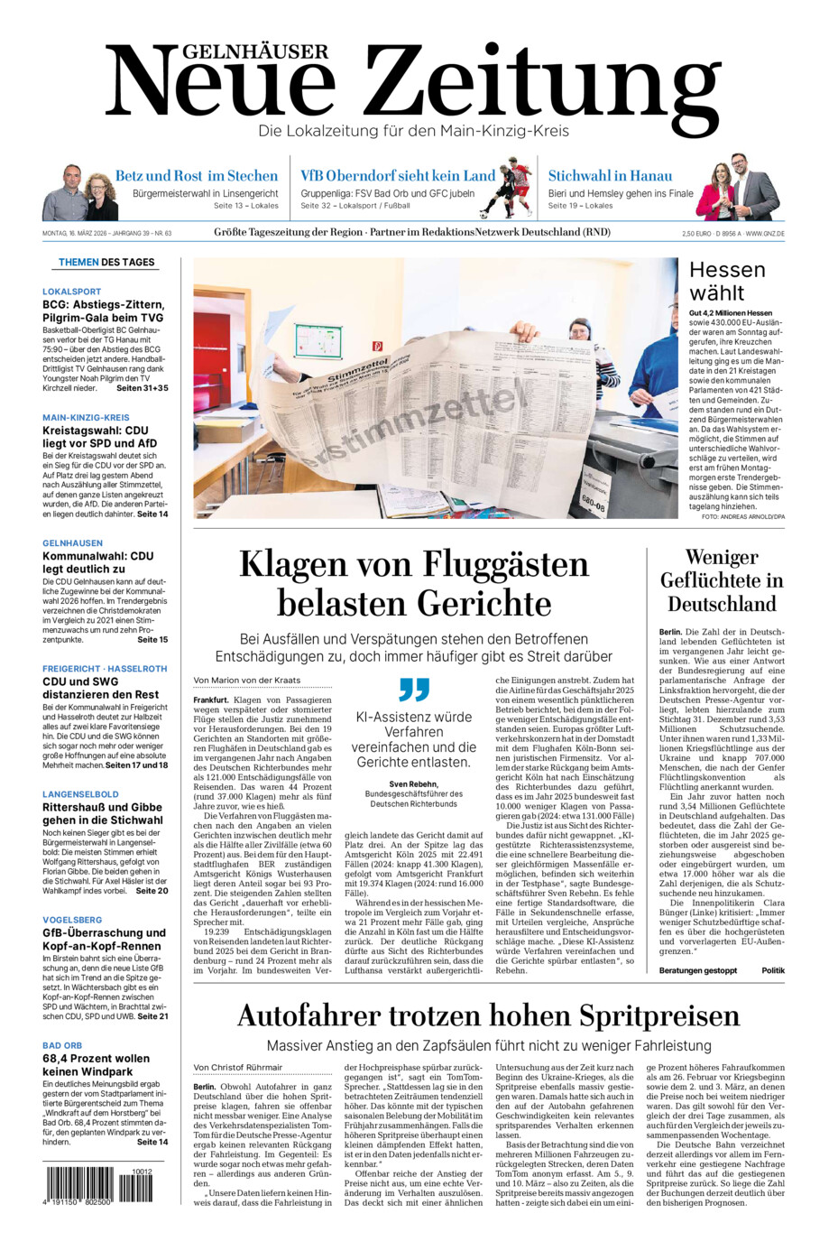 Gelnhäuser Neue Zeitung vom Montag, 16.03.2026