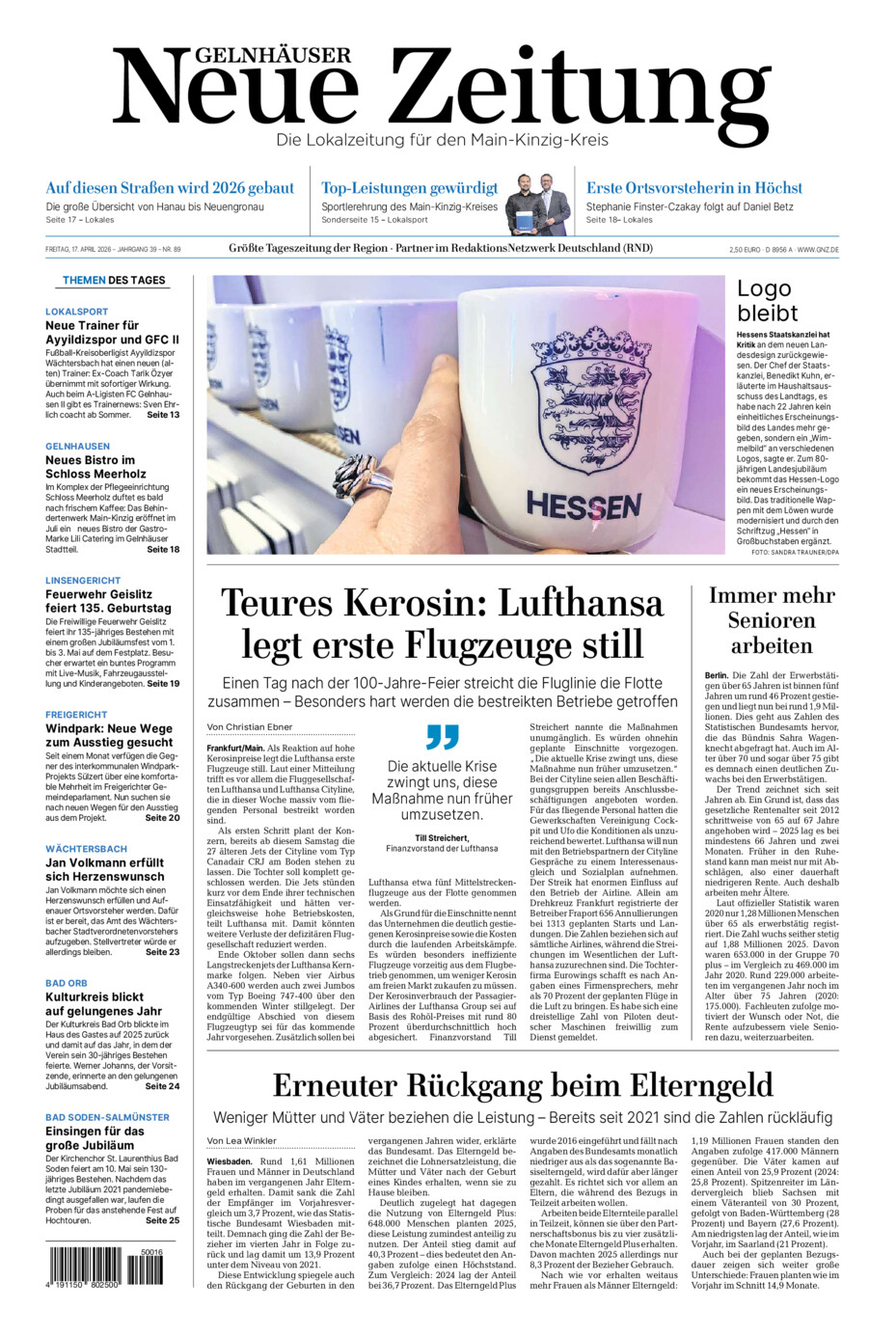 Gelnhäuser Neue Zeitung vom Freitag, 17.04.2026