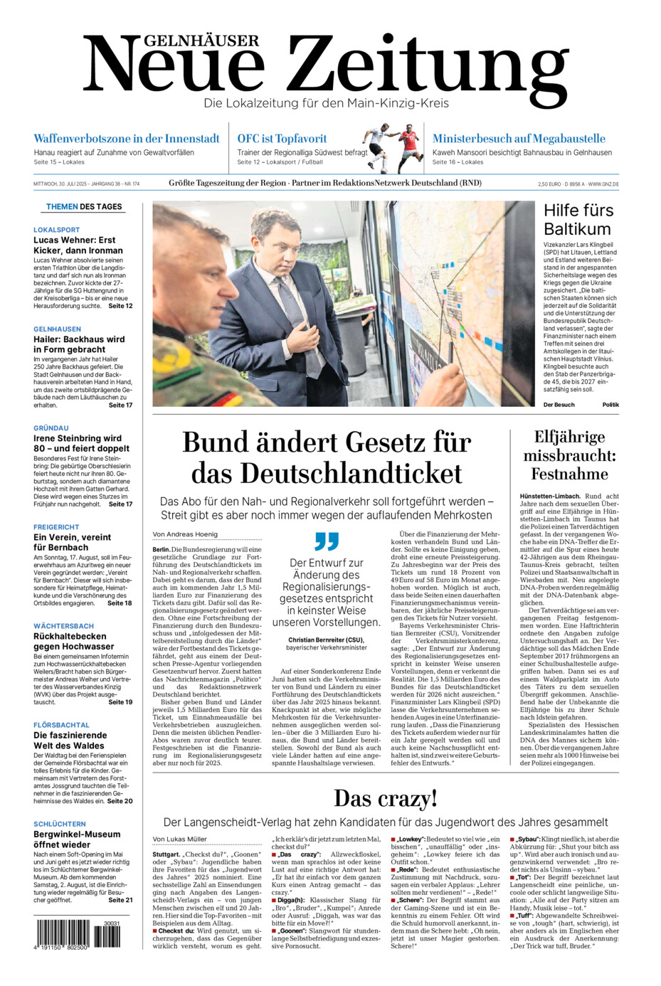 Gelnhäuser Neue Zeitung vom Mittwoch, 30.07.2025