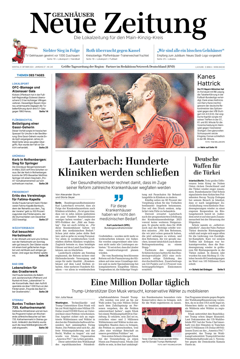 Gelnhäuser Neue Zeitung vom Montag, 21.10.2024