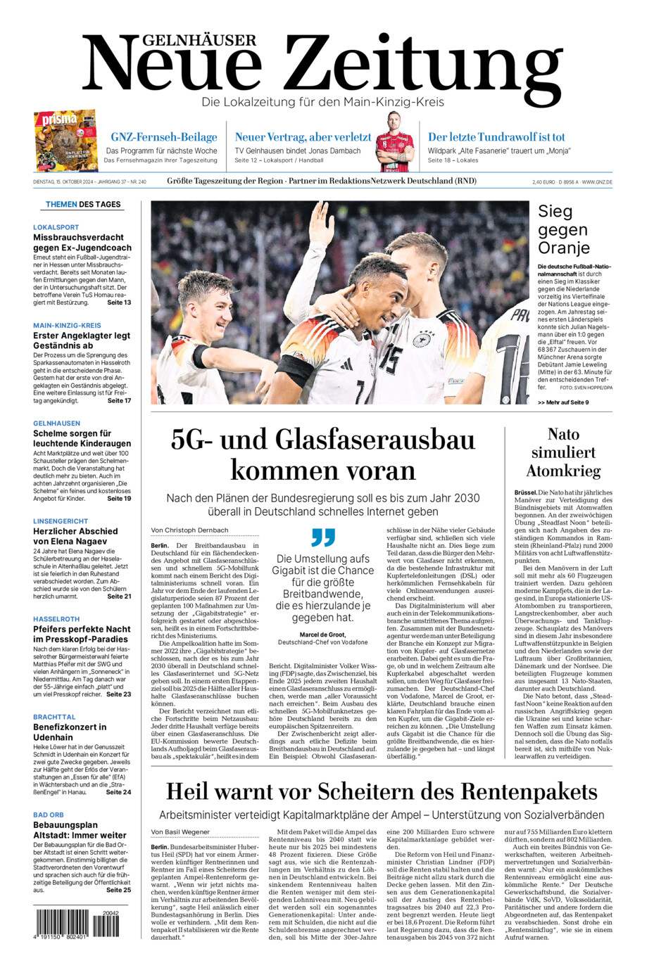 Gelnhäuser Neue Zeitung vom Dienstag, 15.10.2024