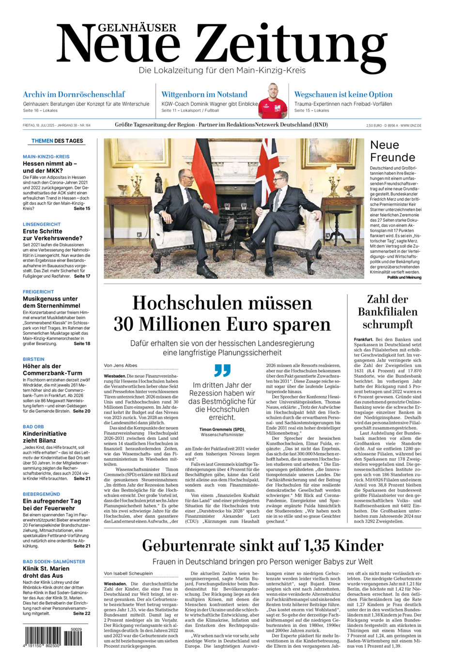 Gelnhäuser Neue Zeitung vom Freitag, 18.07.2025