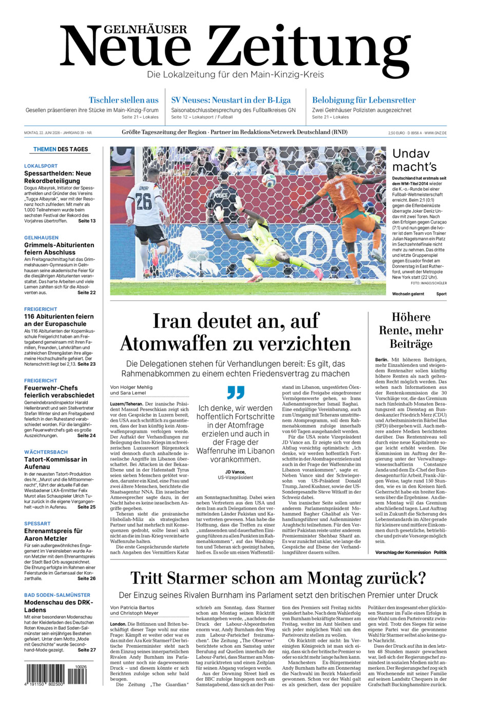 Gelnhäuser Neue Zeitung vom Montag, 22.06.2026
