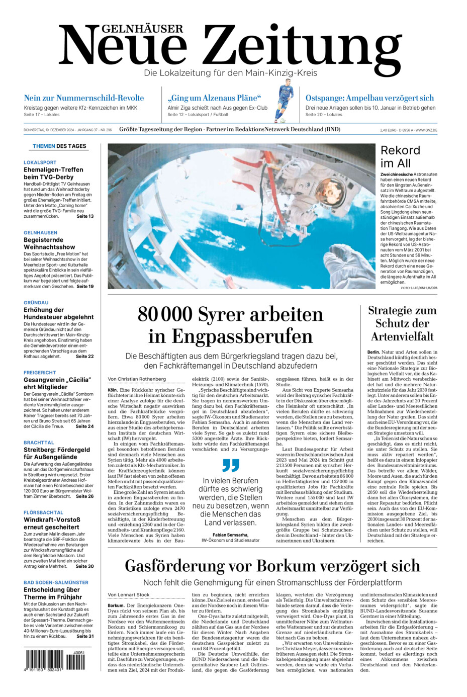 Gelnhäuser Neue Zeitung vom Donnerstag, 19.12.2024