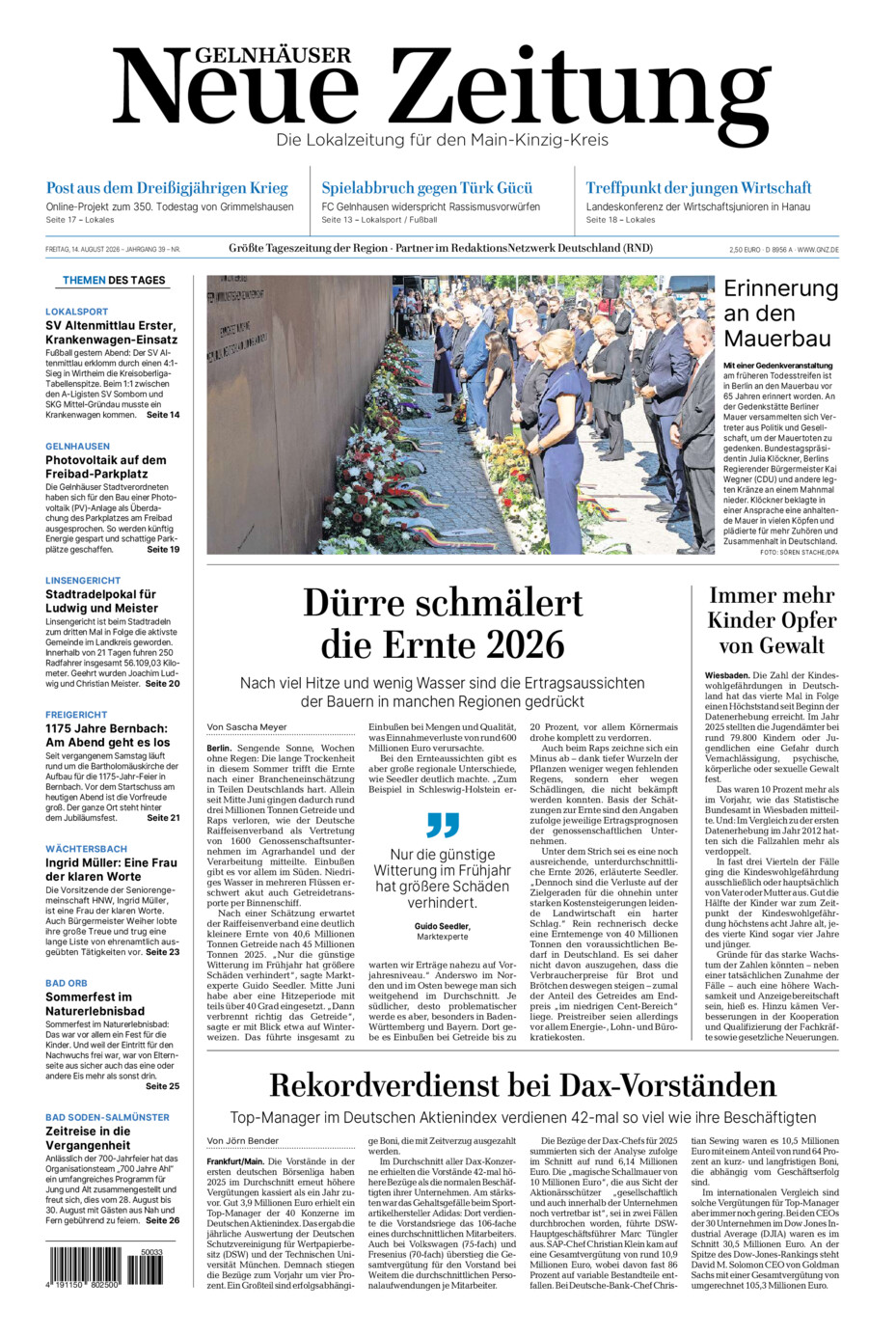 Gelnhäuser Neue Zeitung vom Freitag, 14.08.2026