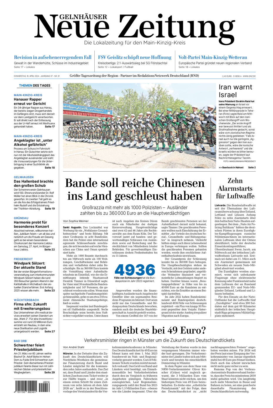 Gelnhäuser Neue Zeitung vom Donnerstag, 18.04.2024