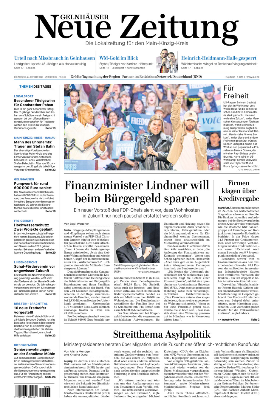 Gelnhäuser Neue Zeitung vom Donnerstag, 24.10.2024