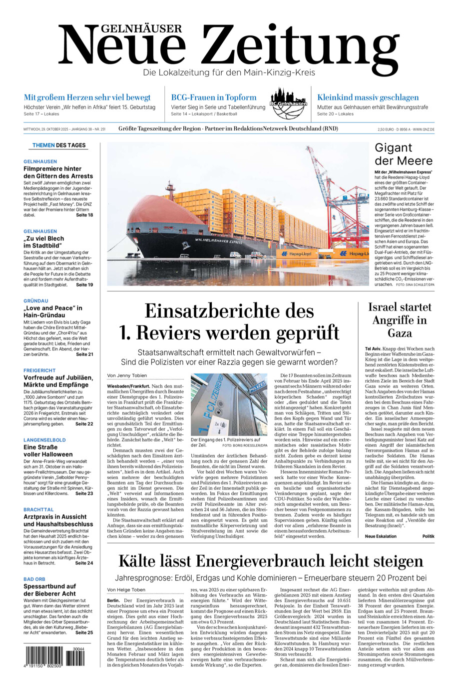 Gelnhäuser Neue Zeitung vom Mittwoch, 29.10.2025
