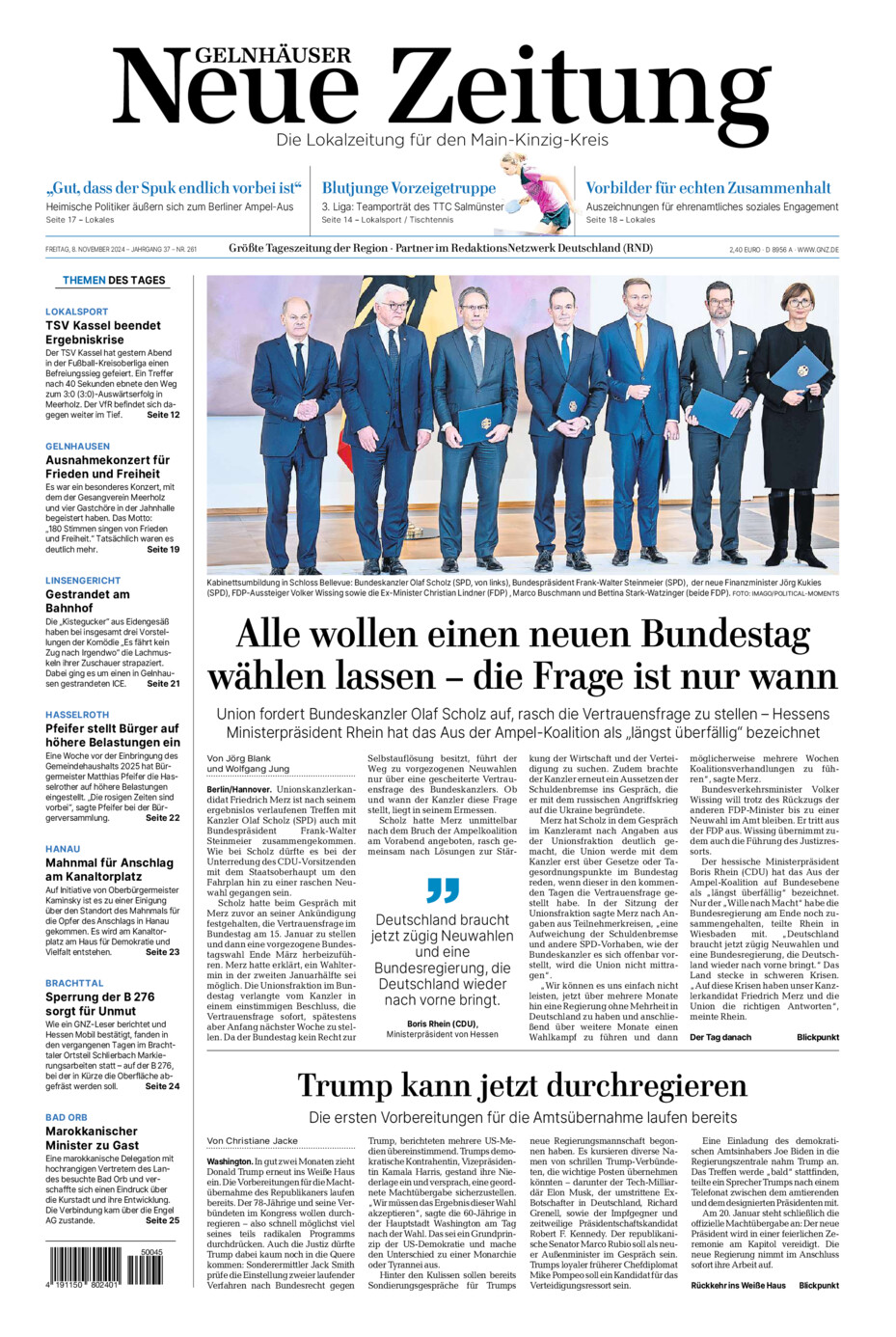 Gelnhäuser Neue Zeitung vom Freitag, 08.11.2024