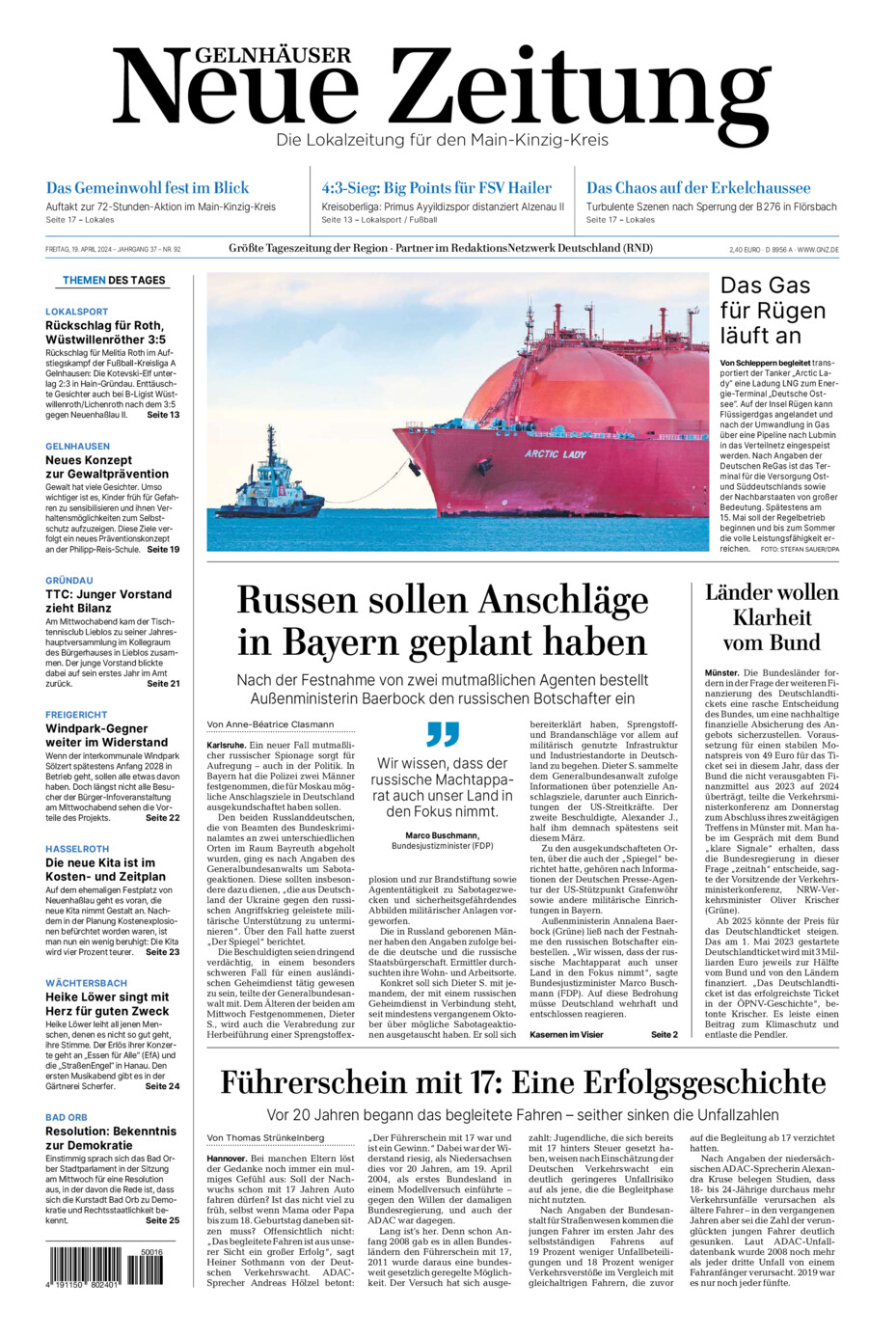 Gelnhäuser Neue Zeitung vom Freitag, 19.04.2024