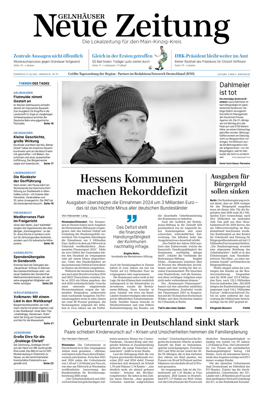 Gelnhäuser Neue Zeitung vom Donnerstag, 31.07.2025