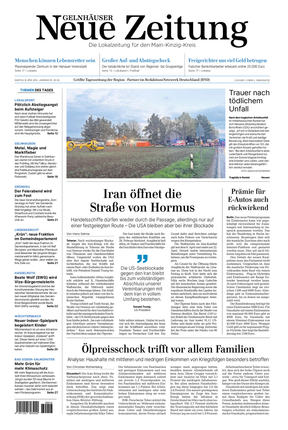 Gelnhäuser Neue Zeitung vom Samstag, 18.04.2026