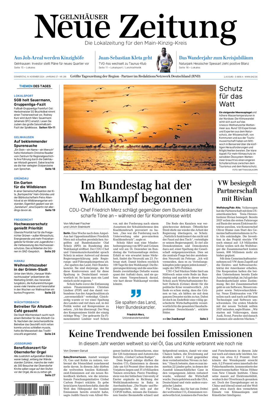 Gelnhäuser Neue Zeitung vom Donnerstag, 14.11.2024