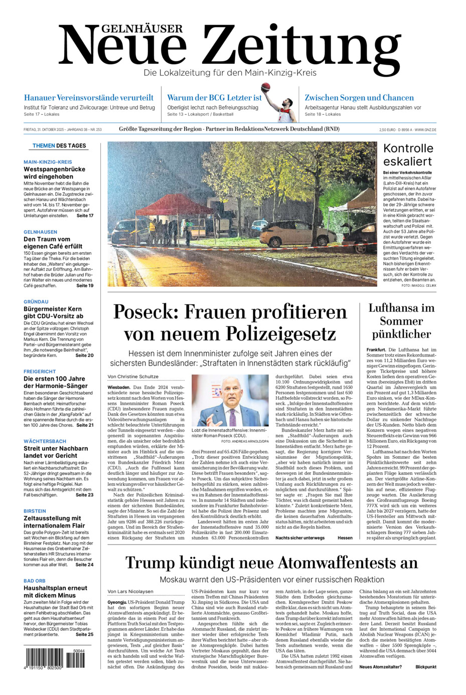 Gelnhäuser Neue Zeitung vom Freitag, 31.10.2025